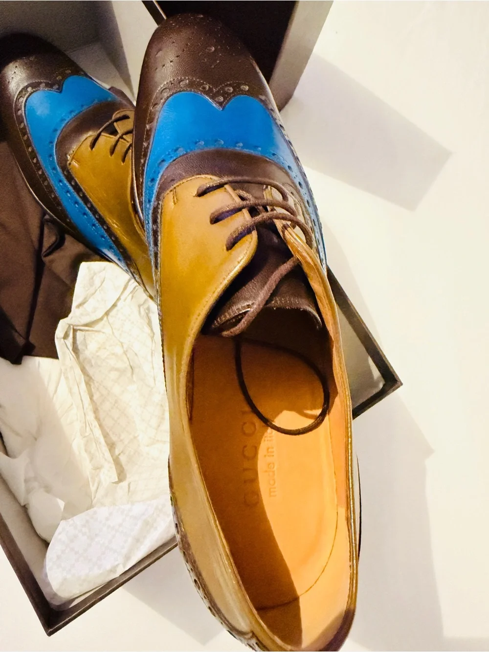 Gucci Brown, Blue and Mustard Leather Wingtip Oxfords